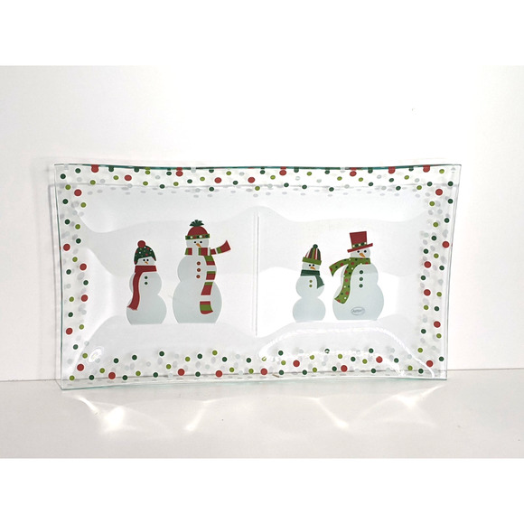 Pampered Chef Snowman-Dots Divided Platter Glass #3012 New Open Box 13.5 x 7.5" - Picture 4 of 4